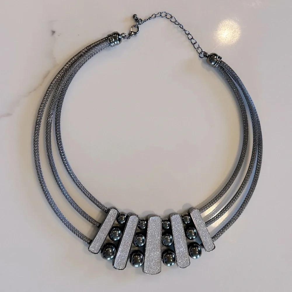 Dystrict Modernist Punk Bib Necklace Goth Gunmetal Mesh Metal Beads Collar